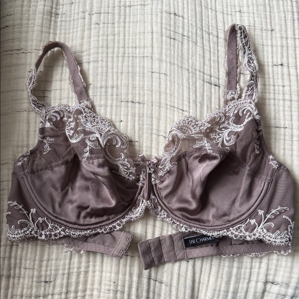 Lise Charmel Embroidered Unlined Underwire Bra — Taupe with Ivory Lace